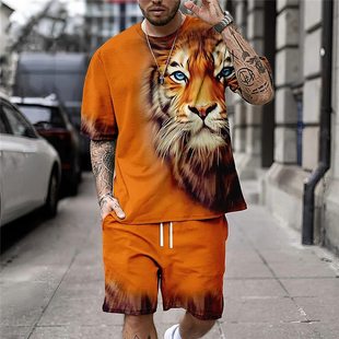 Europe and the United States street tide ruffian handsome animal tiger summer 3D printing sports leisure men's holiday T-shirt shorts suit