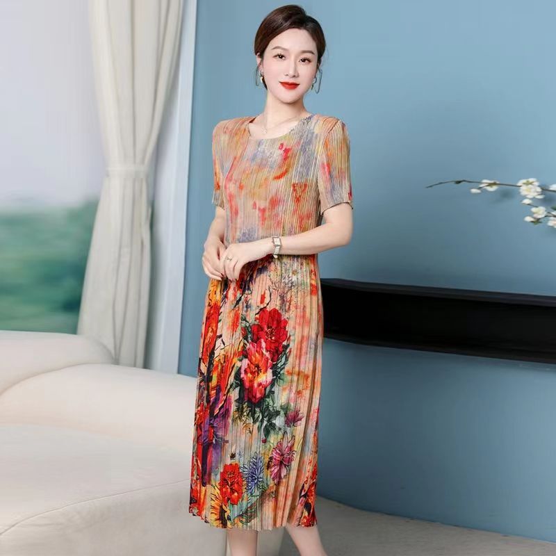Miyake Pleated Dress Summer New Style Mom Plus Size Short-Sleeved Elegant Slim Loose Skirt Pleated Skirt