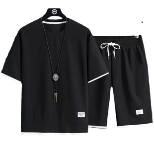 Wholesale waffle casual suit men's summer ice silk short sleeve t-shirt men's high-end sense handsome sports clothes