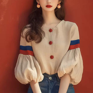 Autumn 2024 French Unique Super Good-looking Jacket Mogo Fish Yuan Chuang Foreign Style Age-reducing apricot Lantern Sleeve Shirt for Women