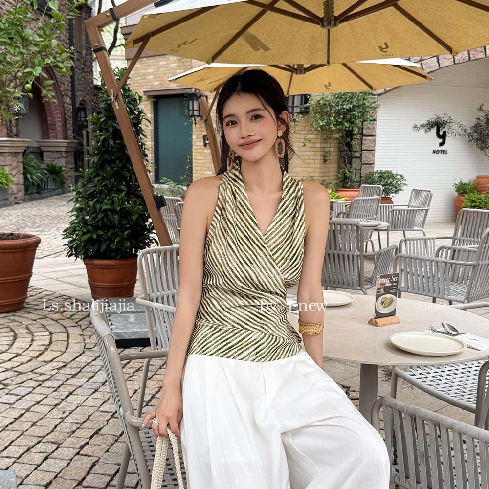 Ls Casual V-Neck Niche Commuter Slim-Fit Striped Blouse for Women Guangzhou Shisanxing 2026 Summer New Model 61636 #
