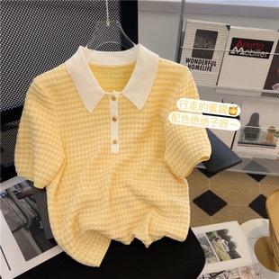 Real shot short sleeve sweater women's 2022 new summer Plaid very simple style