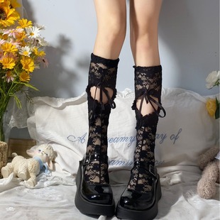 Hollow Heart Drawstring White Mid-Length Socks Women's Summer Thin Fashionable Lolita Sweet Japanese Lace Calf Socks