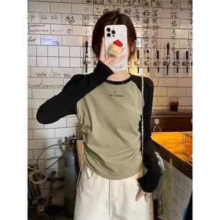 plus size V-neck Base Shirt Spring and Autumn Top Women's White Cotton Shoulder T-shirt Long-sleeved Western-style Slimming Slim-fit