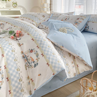 Class A cotton four-piece set small fresh cartoon floral single quilt cover three-piece set cotton bed sheet kit bedding