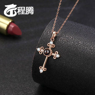 s925 Sterling Silver Cross Necklace 100 Languages Photo Projection European and American Retro Fashion Cross-border Explosions