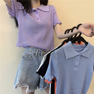 2021 Summer New Korean Style Elegant Sweet Short-sleeved Knitted Sweater Women's Short POLO Collar Base Shirt Women's Top