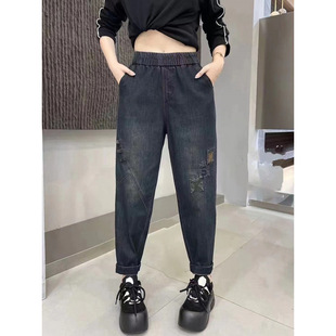 Real shot plus size art retro stretch jeans 2024 autumn new loose slim Harlan pants dad pants women