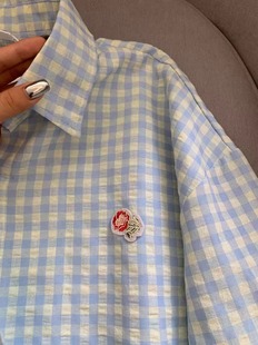 American Blue Plaid Fake Two-Piece Shirt Women's Spring Design Shirt Jacket Niche Casual Long-Sleeved Top