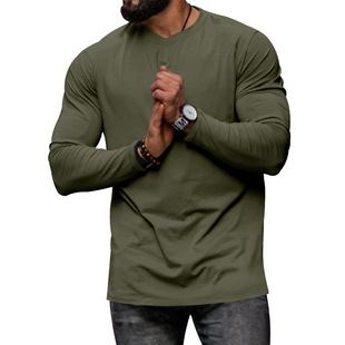 in stock Cross-border Amazon Foreign Trade Fall/Winter Men's 2023 Long Sleeve Casual Crewneck Solid Color Top Base T-shirt