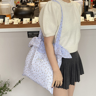 Spring and Summer New Chiffon Ruffled Shoulder Bag Sweet All-match Floral Canvas Bag Large Capacity Shopping Tote Bag