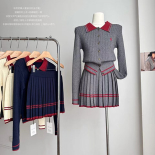 French New Korean Style Academy Style Pony Embroidered Polo Knitted Cardigan High Waist Pleated Skirt Two-Piece suit