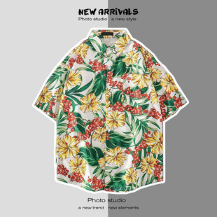New Men's Beach Shirt Surfing Quick-dry Short-sleeved Floral Shirt Coconut Tree Seaside Hawaiian Loose Printed Shirt