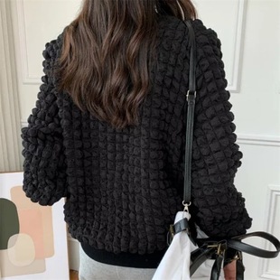 2023 Japanese Style Spring and Autumn New Women's Clothing Bubble Pattern High-grade Sense Collar Long-sleeved Short Jacket Top Trendy Two-color