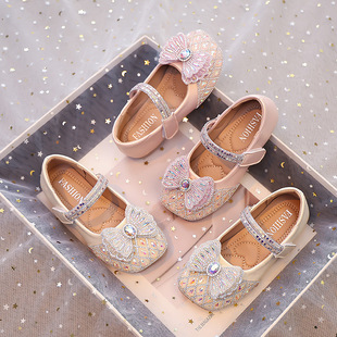 Girls Crystal Small Leather Shoes 2025 Summer Little Girl Cute Bow Star Sequin Princess Shoes Performance Shoes