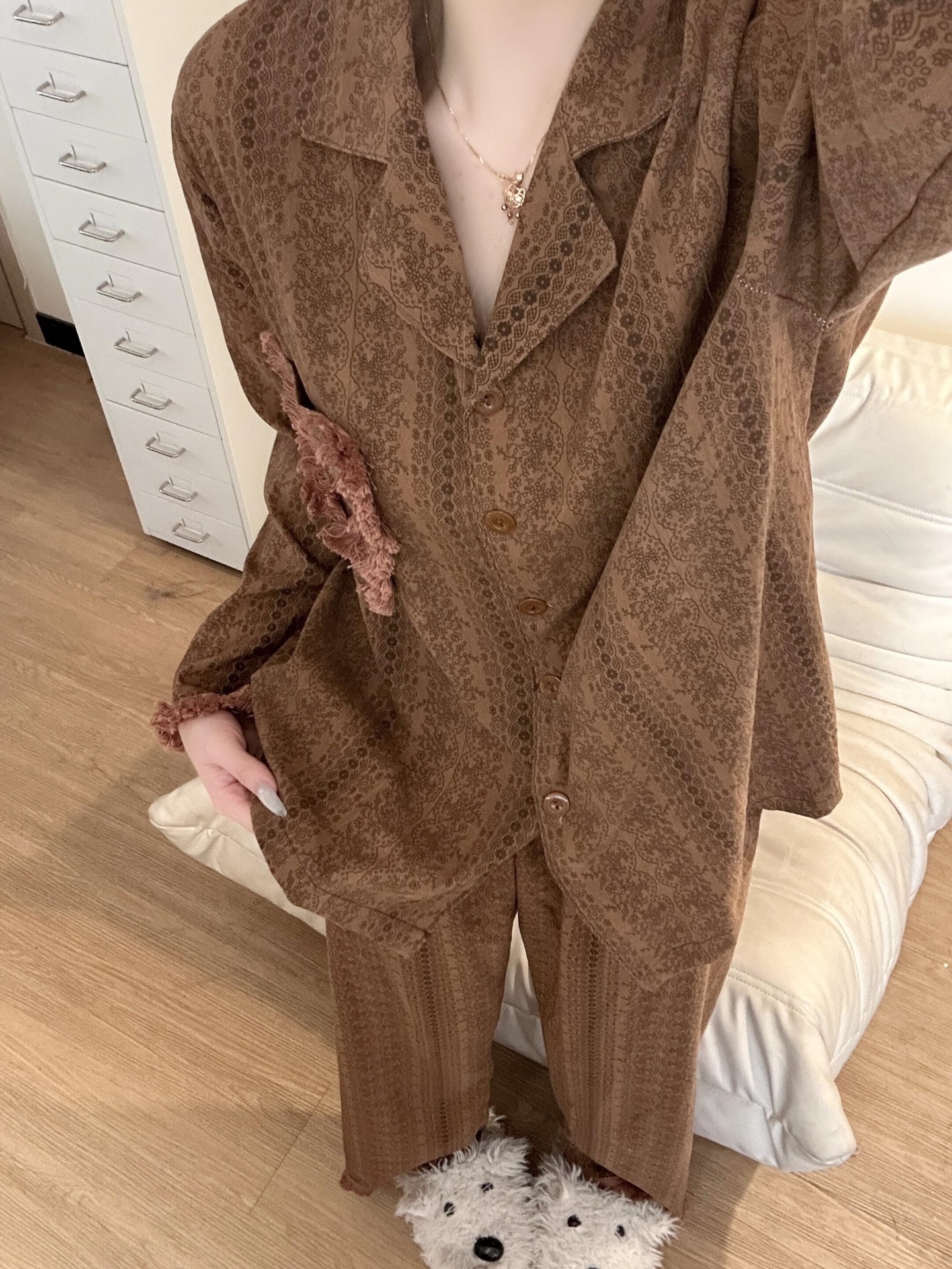 【Large stock of 140 cloud cotton】Women's Maillard tassel pajamas, new Korean-style home wear for spring and autumn, can be worn outside