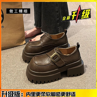 Thick-soled heightened loafers women's 2025 spring new British style black small leather shoes genuine leather shoes for children