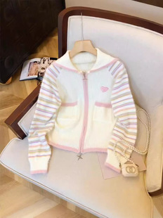 Milk Yellow Stripe Stitching V-shaped Large Lapel Zipper Knitted Cardigan Autumn and Winter New Love Embroidered Jacket Women's Top