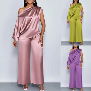 2025 European and American Cross-Border Independent Station Summer Casual Women's Satin Suit Slope Collar Short-Sleeved Top + Pants Suit