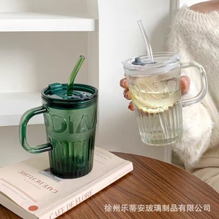 High-Looking Glass Cup with Lid, Straw, Portable Cup, Women's Drinking Cup, Large-Capacity Handle Cup, High-End Cup
