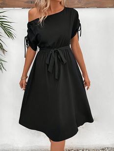 5081 in stock foreign trade goods source spring and summer women's elegant fashion solid color short sleeve dress