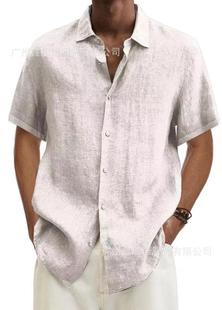 2023 AliExpress wish Amazon Explosions Summer V-Neck Button Cotton Linen Solid Color Men's Trendy Shirt Shirt Men
