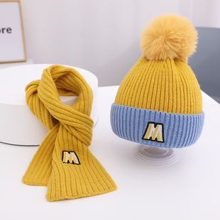 Children's hat new Korean style letter baby warm wool hat suit candy color boys and girls knitted hat autumn and winter