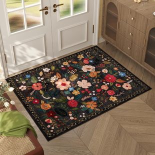 Scandinavian Retro Floral Crystal Velvet Stain-Resistant Anti-Slip Floor Mats Home Entrance Door Mats Easy-Care Foyer Foot Mats