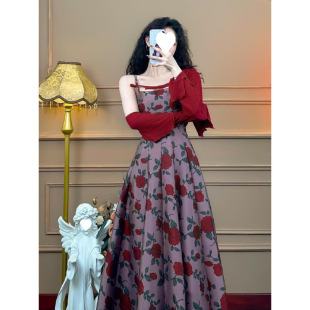Madame Shaw's French Retro A-Line Skirt Dress for Women's Summer Outerwear, Slim-Fitting Printed Long Skirt