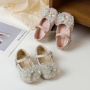 2025 Spring New Girls Korean Style Rhinestone Bow Soft-soled Princess Shoes