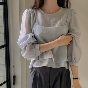 French Chiffon Shirt Women's Chic Niche Design Perspective Small Shirt Strap Vest Unique Long Sleeve Shirt Two-piece Suit