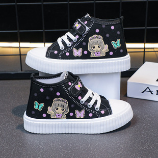 Children's Canvas Shoes Girls 2024 Spring and Autumn New Foreign Trade Children's High-top Cartoon Casual Shoes School Shoes Soft Sole Trendy