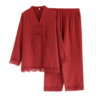 2024 spring, summer and autumn thin pure cotton gauze crepe Big Red National style lace suit series pajamas plus size suction