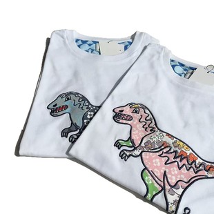 2025CH Coco family new pink blue patch embroidery stroke lovers printed dinosaur crew neck short sleeve T-shirt top