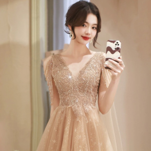 Khaki Banquet Evening Dress 2023 Autumn New Sequin Tassel Chorus Dress School Season Party Dress