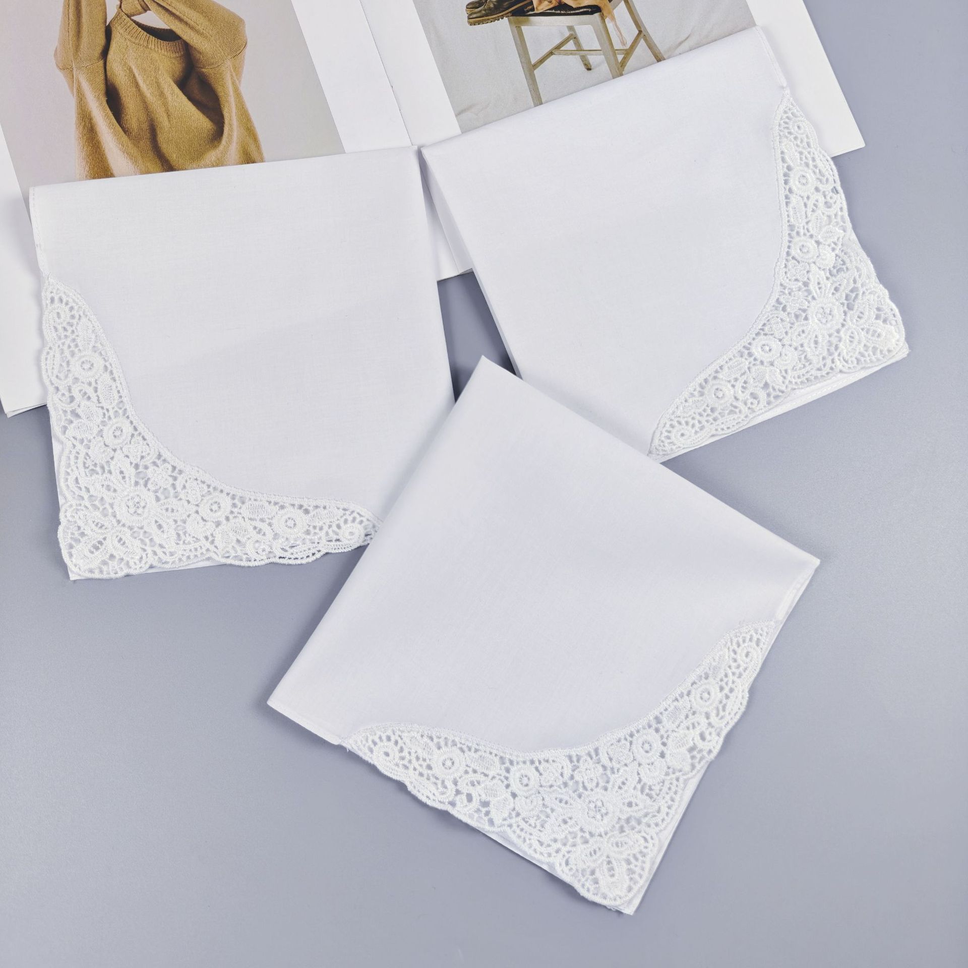 35Cm/13.7Inch Pure White High-Density Cotton Thread Lace Pure Cotton Handkerchief Bridesmaid Dress Wedding Decoration 2Pcs