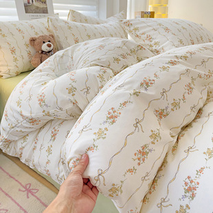 French Style Cotton Chanel Style Floral Cotton Four-piece Set Double Quilt Cover Bed Sheet Bed Hat Dormitory Bed Three-piece Set