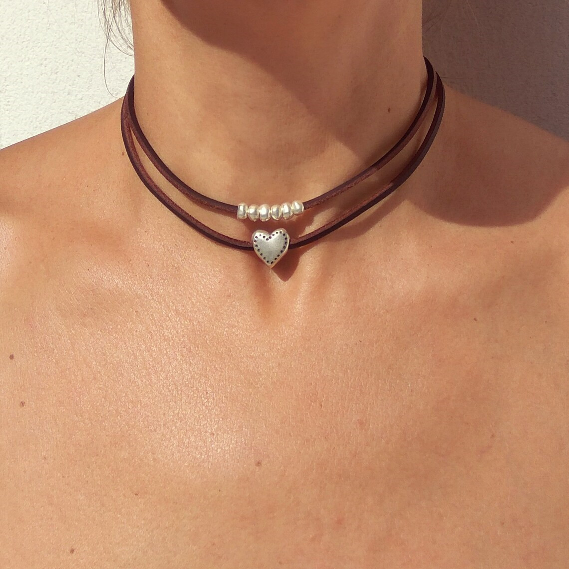 Qiyou bohemian double-layer love clavicle chain European and American beaded leather rope collar Minimalist Beach necklace
