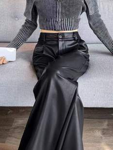 High waist leather pants wide leg pants for women autumn and winter New draping slimming straight leather trousers