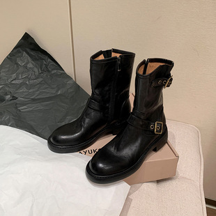Mid-Boots Autumn 2024 New Women's Boots Thick Heel Mid-Heel Belt Buckle Fashion Boots Vintage Martin Boots