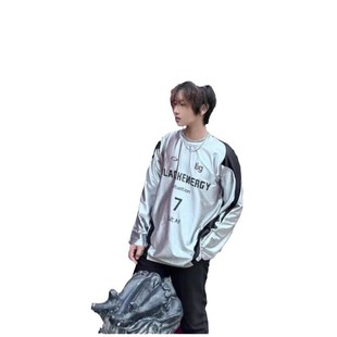 American Retro Deconstructed Stitching Contrast Color Letter Printed Long-sleeved T-shirt Men's Autumn Sports silver Couple's Instagram Style Jersey