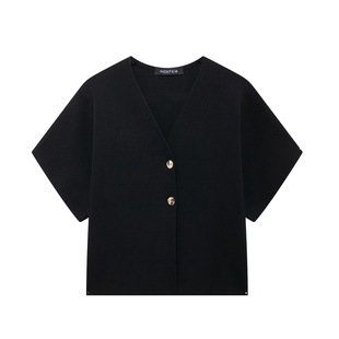 Flat Needle Short Sleeve V-Neck Sports Knitted Loose Women's Two Buckle Knitted Sweater 2024 Autumn European and American Style New