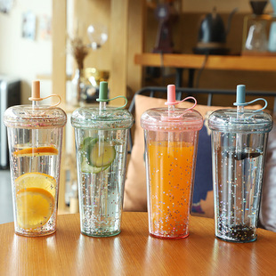 Internet Celebrity Suckable Pearl Milk Tea Cup Cute Donut with Straw Plastic Water Cup Women's Portable Simple Double-Layer Cup