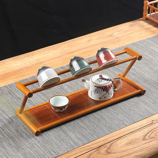 Handmade bamboo draining cup holder retro Chinese double-layer tea set storage rack display rack dry tea tray