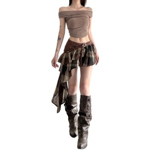 Maillard Wasteland Style Retro Irregular Ruffled Skirt Contrast Stitching Belt Studded Pleated Skirt