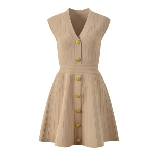 2025 European and American Summer A-Line Short Skirt Tight Waist Vest Dress V Neck Sleeveless Metal Button Knitted Dress