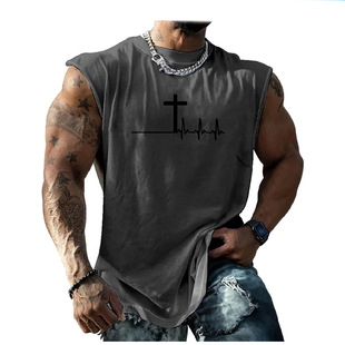 American Style High Street Old 2024 Cross Printed Vest Men's Ins Fashionable Sleeveless Waistcoat T-Shirt Summer MG2