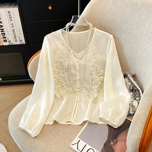 New Arrival Beaded Embroidered Mid-Sleeve Sunscreen Shirt Women's Spring and Autumn Outer Wear Thin Loose Design Elegant Top for apricot