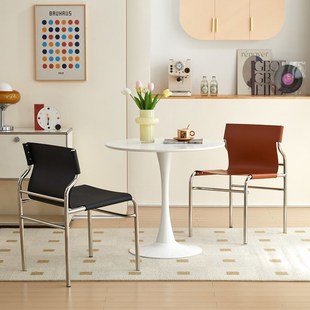Italian Saddle Leather Backrest Dining Chair Home Modern Minimale Stool Restaurant Cafe Stainless Steel Reception Chair