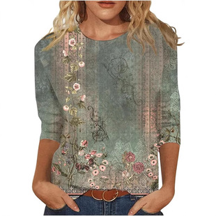 Spring and Summer 2025 New Amazon Cross-border Women's Fashion Printed Seven-point Sleeve Loose Round Neck Casual T-shirt Top